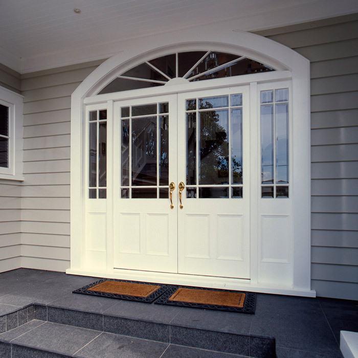 Traditional Entrance double door with side lights and radial fanlight